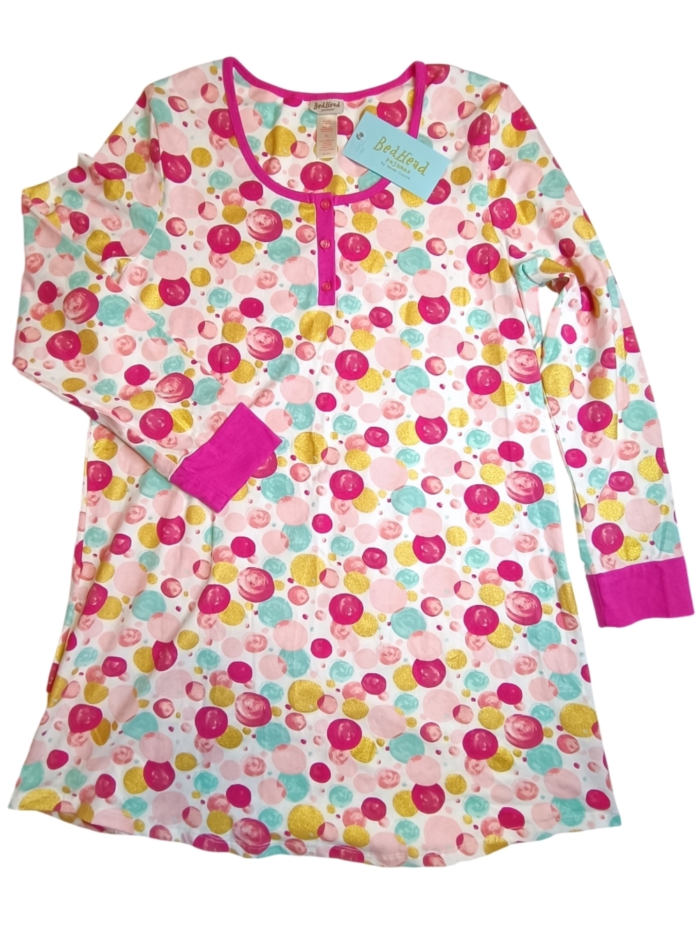 BedHead by Rene Claire Pink Blue Gold Spheres Long-Sleeve Pajama Nightgown XL